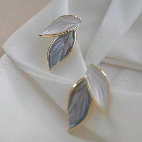 Korean Blue and White Tree Leaf 925 Silver Earrings - Picture 1 of 5